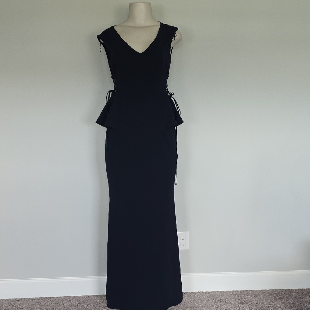 Adrianna Papell navy blue sleeveless peplum long formal dress-4